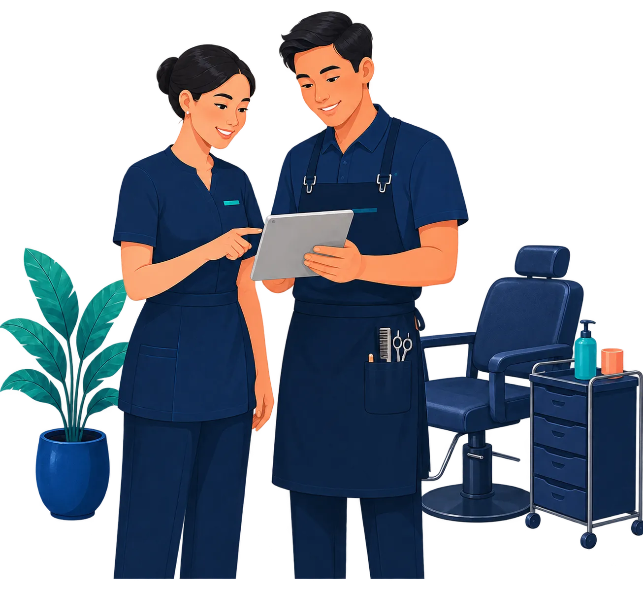 A salon owner reviewing the day with a team member